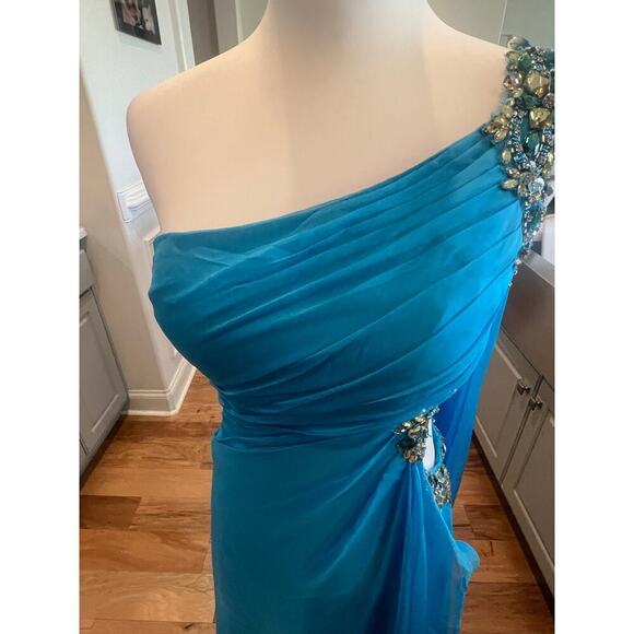 PRECIOUS FORMAL NWT BLUE JEWELED ONE SHOULDER GOWN WAIST JEWELED CUTOUT WOMENS 4 - Picture 10 of 16